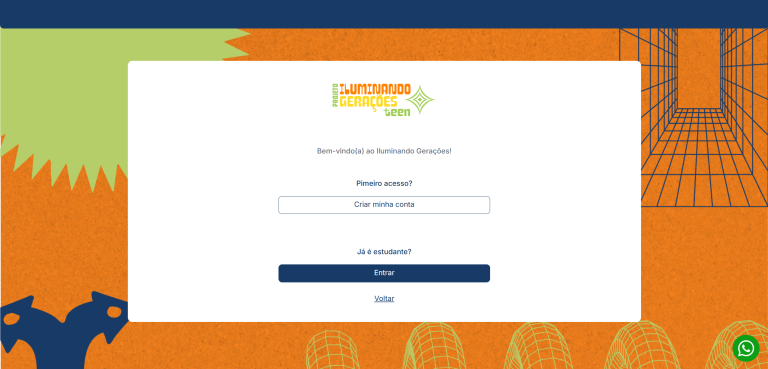 Printscreen da tela de acesso e inscrição para professores que querem participar do Iluminando Gerações Teen.